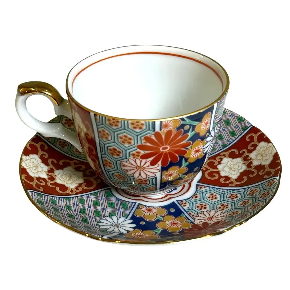 Arita Imari Fan Vintage Cup and Saucer Set Gilded Accents Urn Flowers Design